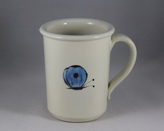 Vintage Hand Painted Blue Butterfly Mug- White Ceramic with Blue Butterfly (Marked "KM")