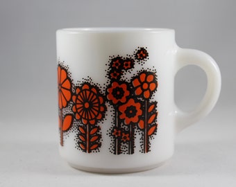 Vintage Coffee / Tea Mug- Milk Glass with Orange and Black Flowers
