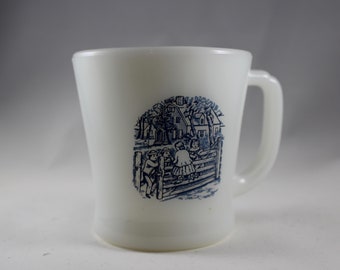 Vintage Milk Glass Coffee/ Tea Mug- Girl Playing on Fence With Other Children (Blue Graphic)