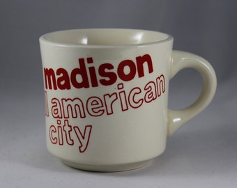 Vintage Souvenir Mug- Madison All American City (R and N China Co- Carrollton Ohio)- White Ceramic with Red Letters