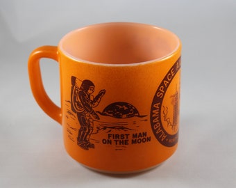 Collectible Vintage Coffee / Tea Mug-  Alabama Space and Rocket Center Huntsville, Alabama - Orange Milk Glass (First Man on the Moon)