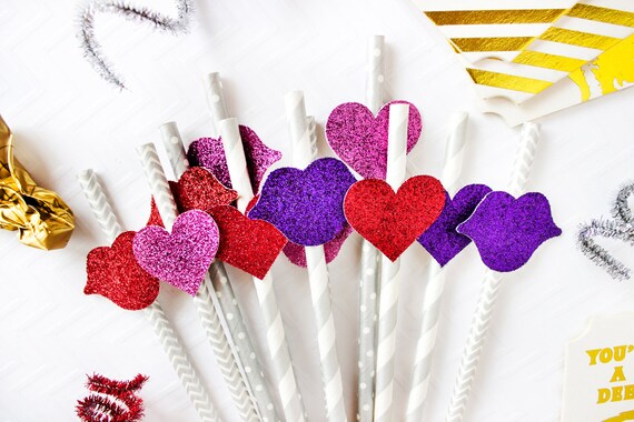 10 Valentine's Day Straws, Vday Straws, Heart Straws, Paper Straws, Valentines Decor, Glitter Straws, Vday Party, Valentines Ideas Il_570xn