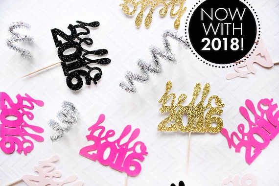 Hello 2018 Cupcake Toppers, NYE Wedding, Hello 2018, New Years Eve, New Year 2018 Cupcake Toppers, Gold Glitter, 2018 Decor, NYE Party Il_570xn