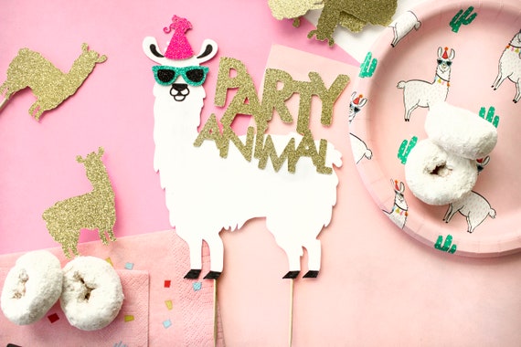 Llama Happy Birthday Cake Topper, Llama Party, Birthday Cake Topper, Custom Cake Topper, Party Animal, Gold Glitter, Llama Cake Topper, Gold Il_570xn
