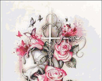 Roses Skull Cross Stitch Printable Needlework Pattern - DIY Crossstitch Chart, Relaxing Hobby, Instant Download PDF Des