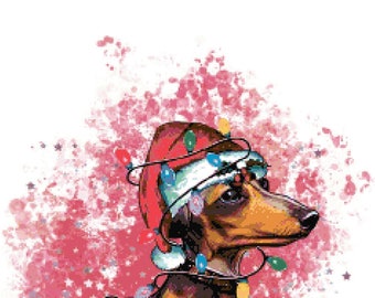 Watercolor Christmas Doxie Cross Stitch Pattern by A Cross Stitch Pattern, Full Coverage Cross Stitch Pattern, Instant Download Pattern