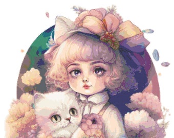 Girl With Cat Cross Stitch Pattern by A Cross Stitch Pattern, Full Coverage Cross Stitch Pattern, Instant Download Cross Stitch Pattern