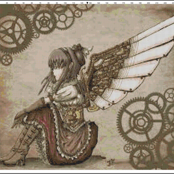 Steampunk Angel Cross Stitch Printable Needlework Pattern - DIY Crossstitch Chart, Relaxing Hobby, Instant Download PDF