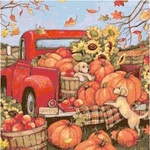 Fall Little Red Truck Cross Stitch Pattern by Kustom Cross Stitch, Full Coverage Cross Stitch Pattern, Instant Download Cross Stitch Pattern