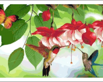 Schema punto croce colibrì – Schema ricamo floreale (download PDF)
