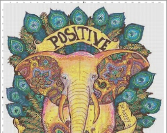 Positive Vibration Elephant Cross Stitch Printable Needlework Pattern - DIY Crossstitch Chart, Relaxing Hobby, Instant