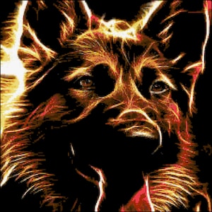 May include: A close-up of a German Shepherd dog's face, rendered in a fiery, abstract style with glowing lines of orange and yellow.