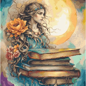 Lady With Books Cross Stitch Pattern A Cross Stitch Pattern, Full Coverage Cross Stitch Pattern, Instant Download Cross Stitch Pattern