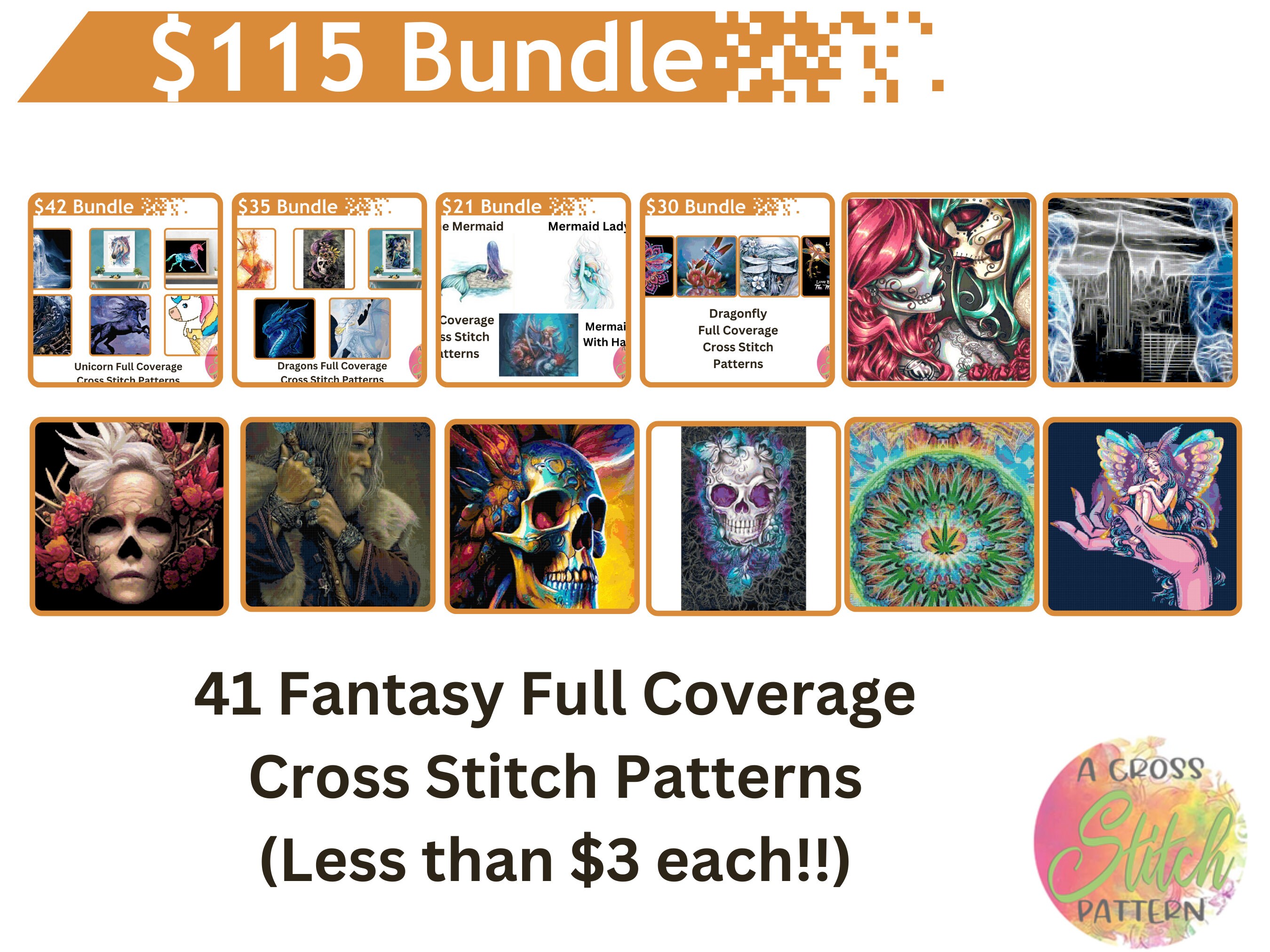 Fantasy Cross Stitch Pattern Bundle, 41 Full Coverage Designs (instant ...