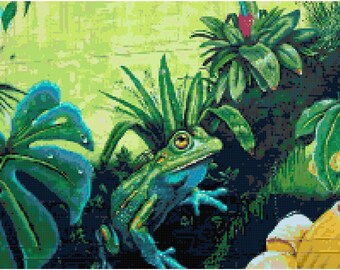 Frog in Jungle Cross Stitch Pattern – Full Coverage, 54 Colors (PDF Pattern)