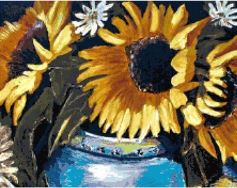 Sunflowers Cross Stitch Printable Needlework Pattern - DIY Crossstitch Chart, Relaxing Hobby, Instant Download PDF Desi