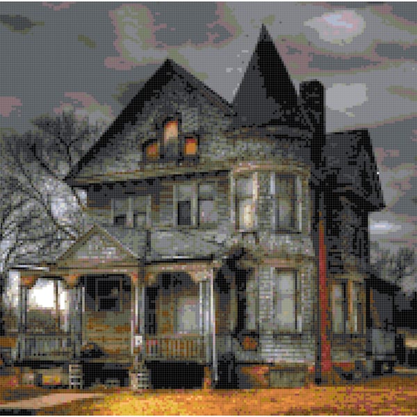 Halloween Haunted House Cross Stitch Pattern -  Stitch Count 236 x 187 Stitches - Full Coverage