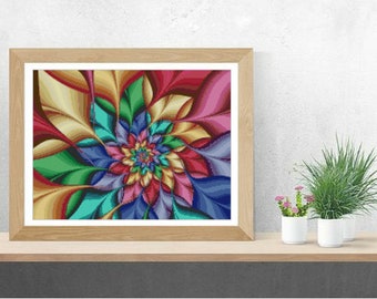 Colorburst Fractal Flower Swirl Cross Stitch Pattern by Kustom Cross Stitch - Stitch Count 200 x 150 - Floss Colors: 65