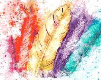 Watercolor Feathers Cross Stitch Printable Needlework Pattern - DIY Crossstitch Chart, Relaxing Hobby, Instant Download