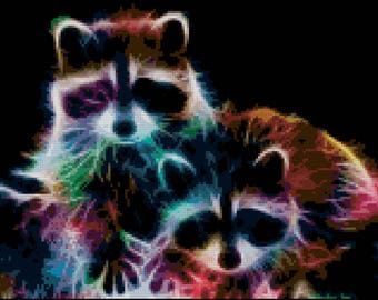 Racoon Fractal Cross Stitch Pattern by Kustom Cross Stitch – Large, full coverage pattern – 200 x 125 Stitches – 80 Colors