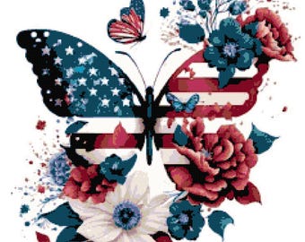 Patriotic Butterfly Floral Cross Stitch Pattern (PDF Pattern)