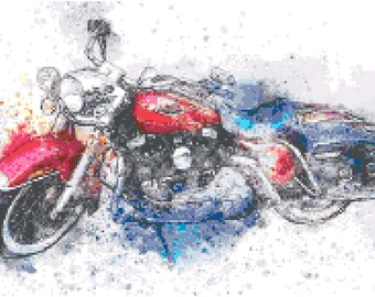 Watercolor Motorcycle Cross Stitch Pattern by Kustom Cross Stitch – Large, full coverage pattern – 236 x 144 Stitches