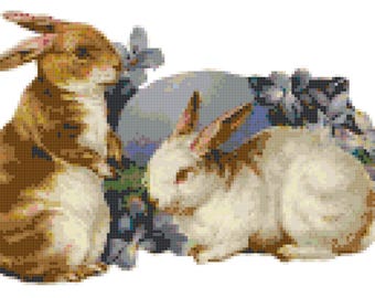 Vintage Rabbits Cross Stitch Printable Needlework Pattern - DIY Crossstitch Chart, Relaxing Hobby, Instant Download PDF