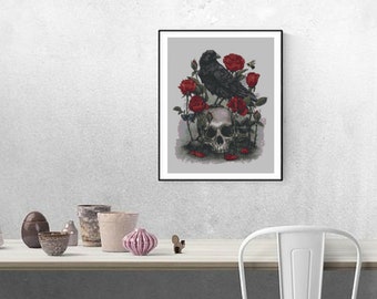 Motif de point de croix gothique Corbeau et Roses par Kustom Point de croix / Motif de point de croix moderne / Nombre de points 236 x 300 points