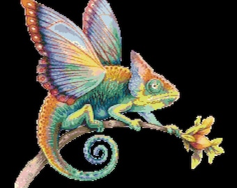 Flying Chameleon Cross Stitch Pattern by Kustom Cross Stitch, Full Coverage Cross Stitch Pattern, Instant Download Cross Stitch Pattern