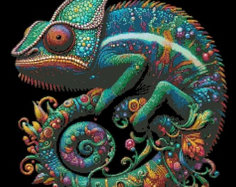 Colorful Chameleon Cross Stitch Pattern, Full Coverage (Digital Download)