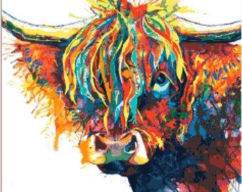 Puede incluir: Una pintura abstracta colorida de una vaca de las tierras altas sobre un fondo blanco. El pelaje de la vaca está pintado en tonos de azul, verde, amarillo, naranja y rojo. La cara de la vaca es visible y su ojo es azul brillante.
