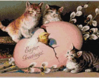 Easter Kittens Cross Stitch Printable Needlework Pattern - DIY Crossstitch Chart, Relaxing Hobby, Instant Download PDF