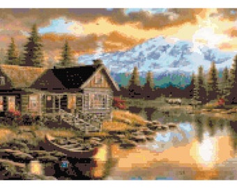 Summer Cabin Cross Stitch Pattern - Lakeside Mountain Scene (PDF)