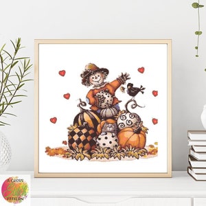 Fall Scarecrow Cross Stitch Pattern by Kustom Cross Stitch, Full Coverage Cross Stitch Pattern, Instant Download Cross Stitch Pattern