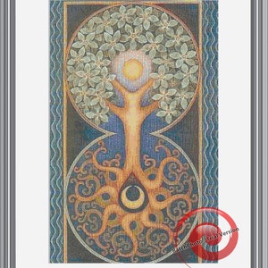 May include: A stylized illustration of a tree with a circular canopy of green leaves and a sun in the center. The tree's roots are depicted as a circular pattern of swirling lines with a crescent moon in the center.