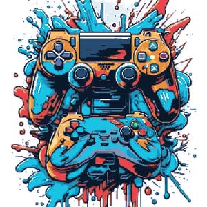 May include: A colourful digital illustration featuring two stacked video game controllers. The controllers are predominantly yellow and blue, with red paint splash effects. The image has a pixelated, digital art style.