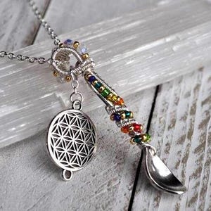 Mini Spoon K Charm Necklace Flower of Life Sacred Geometry Silver Wire Wrapped Spoon Necklace Pendant