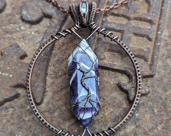 Wire Wrapped Pendant Amethyst Aquamarine Tree of Life Wire Wrapped Necklace Chevron Amethyst Double Terminated Antique Copper