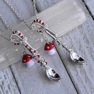 Mini K Spoon Charm Necklace, Mushroom, Silver Wire Wrapped Tiny Spoon Pendant Necklace, Rave Accessories