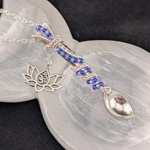 Mini K Spoon  Charm Necklace Om Lotus Silver Wire Wrapped Spoon Charm Pendant Necklace