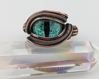 Ring Wire Wrapped, Dragon Eye, Eye of Sauron, Size 7.75, Size 7 & 3/4, Eye of Horus, Copper Ring, Cat Eye, Elegant Aqua Blue Eye Ring