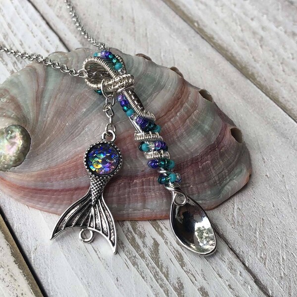 Mermaid Wire Wrapped Spoon Pendant Siren Necklace Rainbow Mermaid Mini Spoon