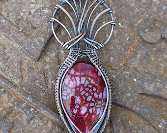 Agate Pendant, Blood Red Dragon Vein Agate Copper Wire Wrapped Pendant Amulet Necklace