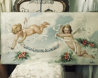 Very large simply divine Oilpaint on canvas , Portrait a l'huile,beautiful cherubs ,putti rare,ca 1920 115x85cm