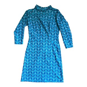 Vintage 60s Mod Sheath Dress Turquoise Blue Geometric Polyester 3/4 Sleeve Metal Zipper Women S 4 6