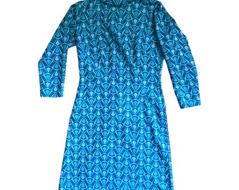 Vintage 1960s Blue Geometric Mod Shift Dress 3/4 Sleeve Mock Neck Metal Zip S