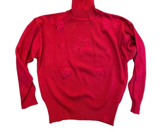 Vintage 80s Meister Wool Acrylic Red Turtleneck Sweater Embroidered Stars Made in Hong Kong for Retro Theme Party Streetwear Election