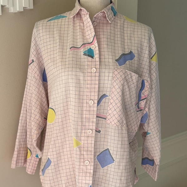 Vintage 80s Geometric Button Up Shirt Made in USA, Eber Pastel Memphis Style Blouse, Women's Large 3/4 Sleeve Top
