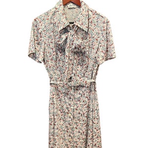 Vintage 70s Dress Women&#39;s Large Amy Adams Neck Bow Tie Short Sleeve