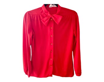 Vintage 80s Bow Blouse Red Polyester Button Down Shirt Montgomery Ward Women Size 12 Modern M for 70s 80s Theme Teacher Secretary
